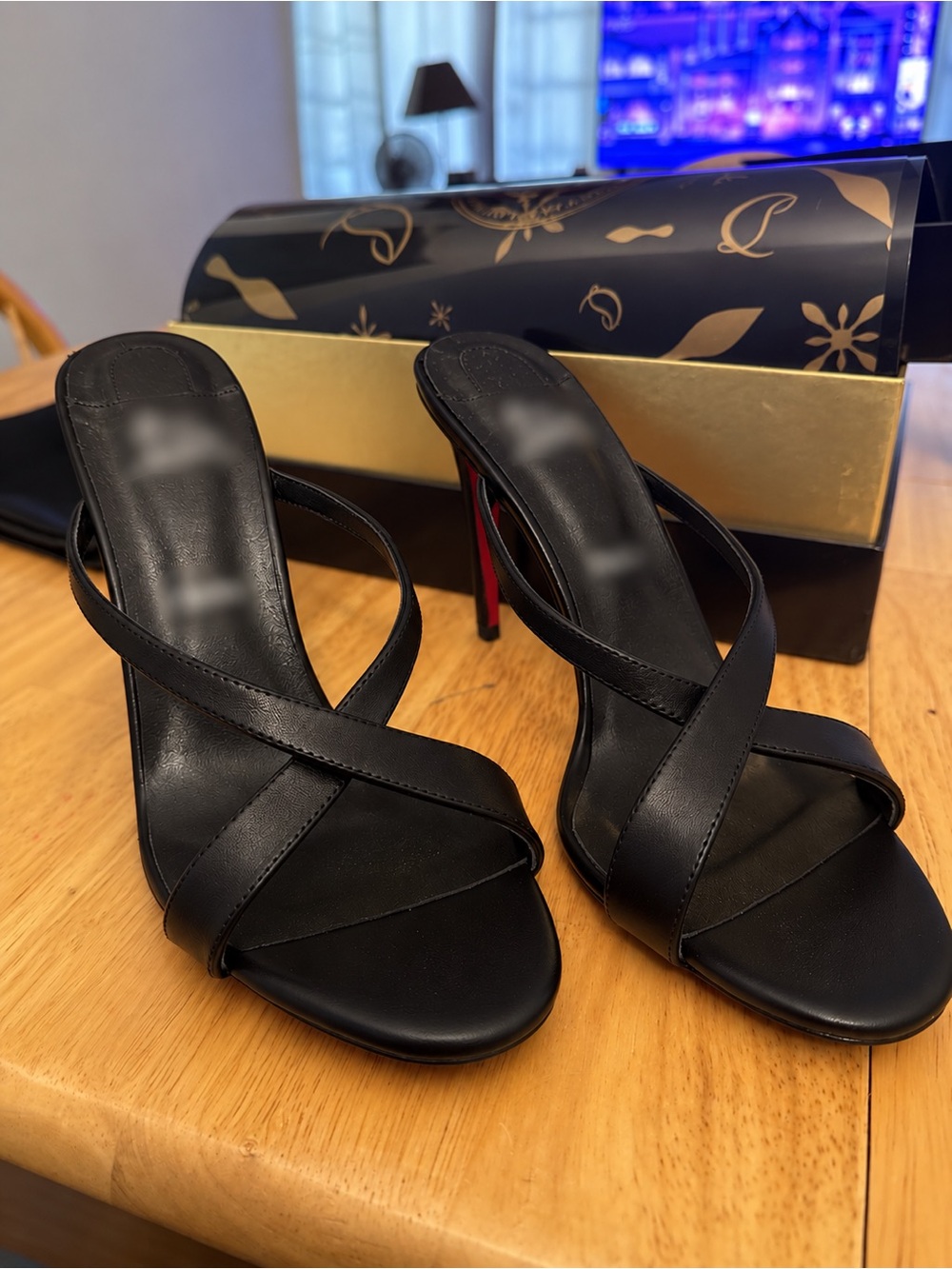 Black Strappy High Heel Sandals with Red Accent